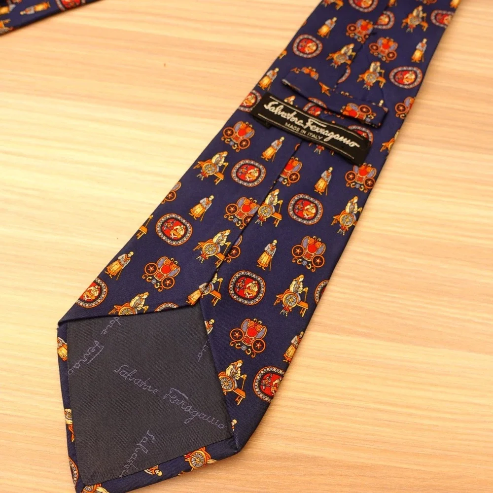 Salvatore Ferragamo Tie Mens Navy Blue Silk Twill Novelty Italian Luxury $240